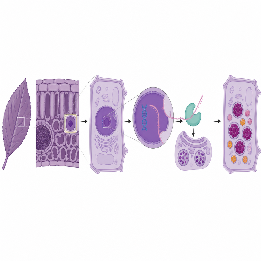 Figure 2. כיצד RNA ארוך בתוך גן לפיגמנט וחלבון רגולטורי פועלים יחד כדי להגביר את הצבע הסגול בעלים של התה.