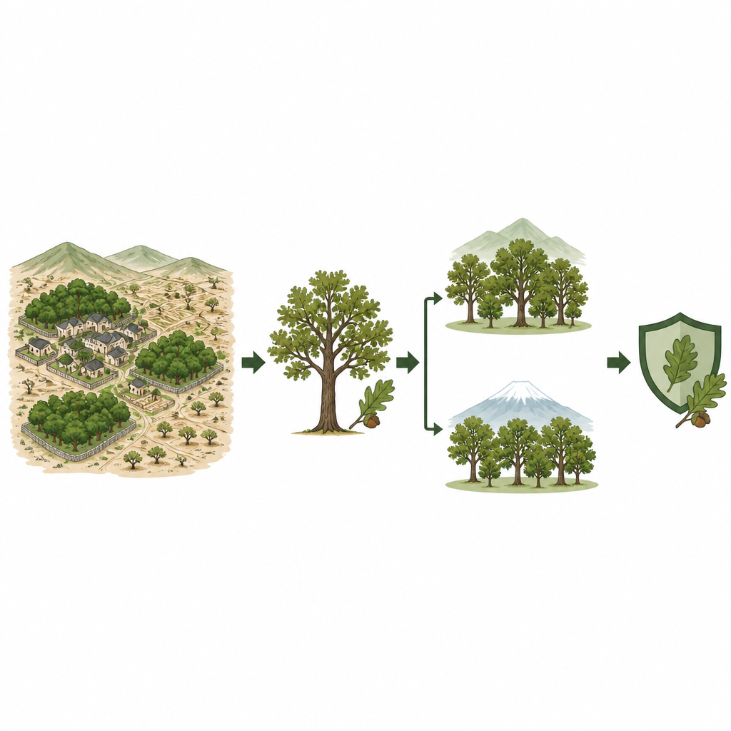 Figure 1. Hur byns heliga skogar skyddar en urgammal ek och varför dess framtida motståndskraft är viktig för människor och natur.