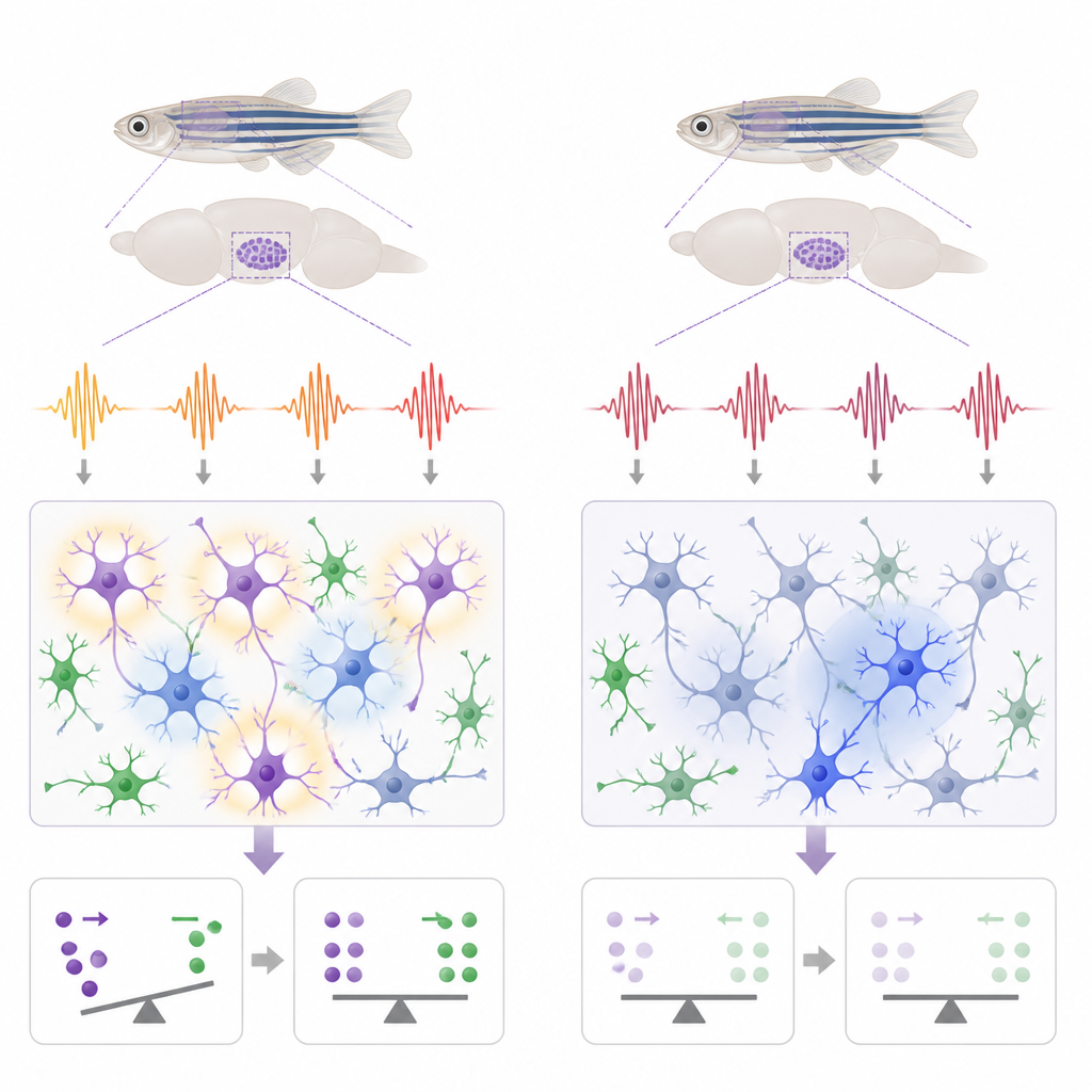 Figure 2. Lo stress cronico nella prima infanzia rende i neuroni serotoninergici chiave meno flessibili, alterando nel tempo il loro equilibrio eccitatorio e inibitorio.