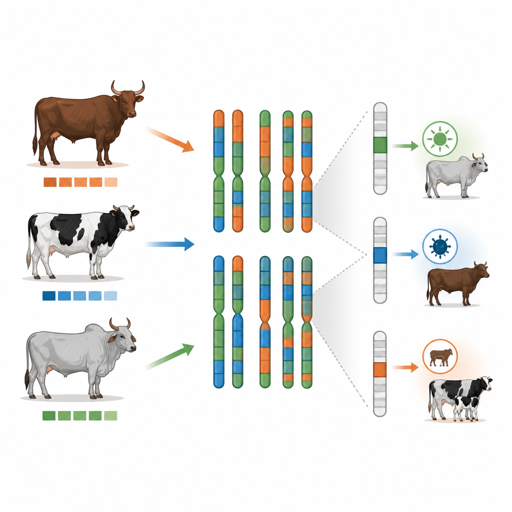 Figure 2. Come specifici segmenti di DNA ancestrale nei bovini vengono conservati perché migliorano tolleranza al calore, resistenza alle malattie e fertilità.