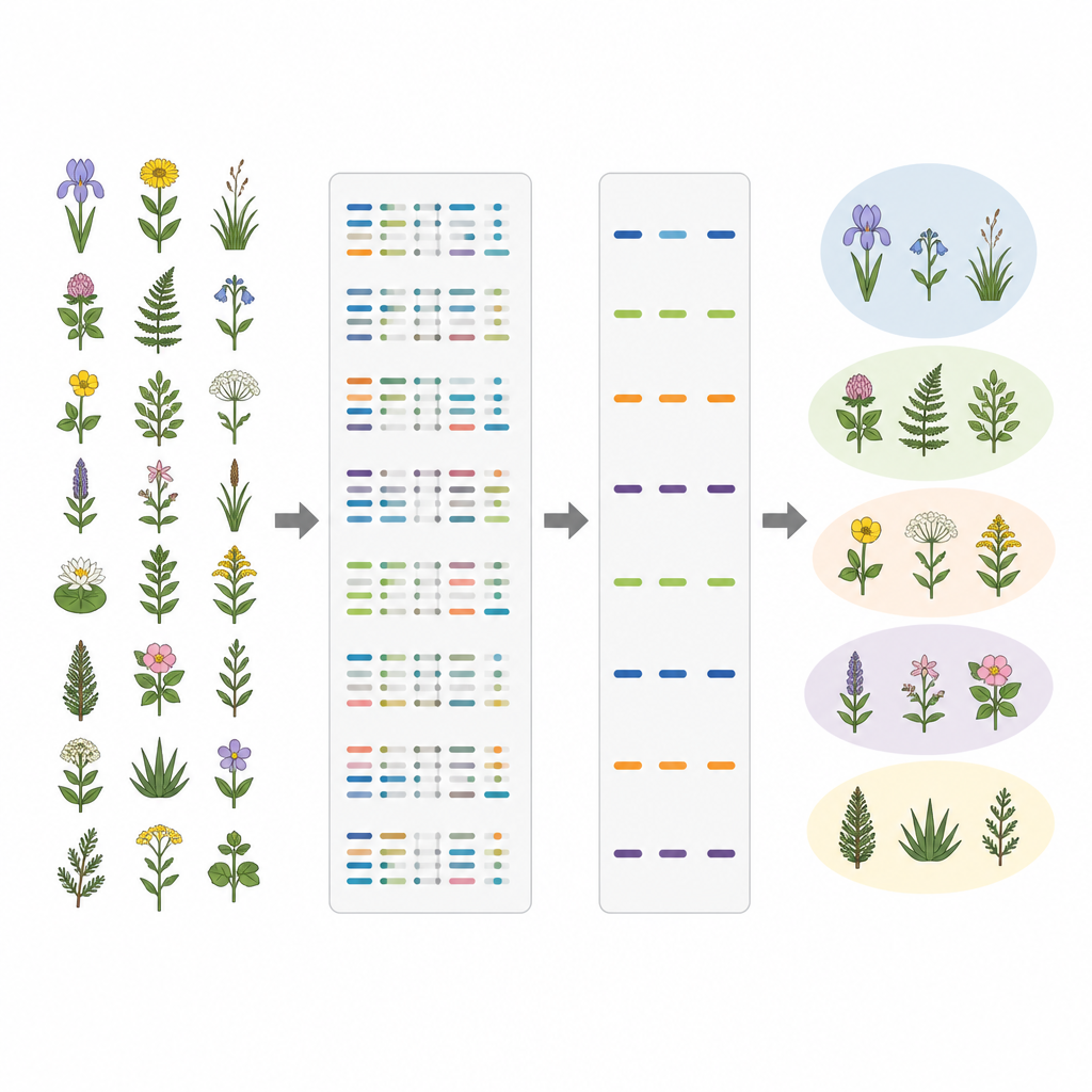 Figure 2. Unas pocas regiones de ADN cuidadosamente seleccionadas pueden separar especies vegetales estrechamente emparentadas tan bien como cientos de marcadores genómicos.