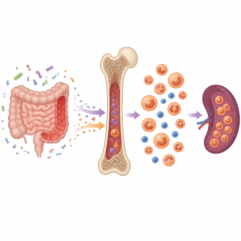 Figure 1. L'inflammation chronique intestinale envoie des signaux à la moelle osseuse qui orientent la production sanguine vers des cellules inflammatoires.