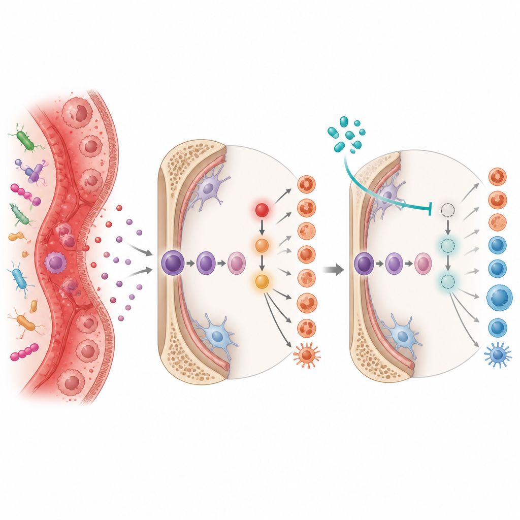 Figure 2. Bloquer une cascade de signalisation spécifique dans les cellules souches de la moelle osseuse restaure une production sanguine équilibrée pendant l'inflammation intestinale.
