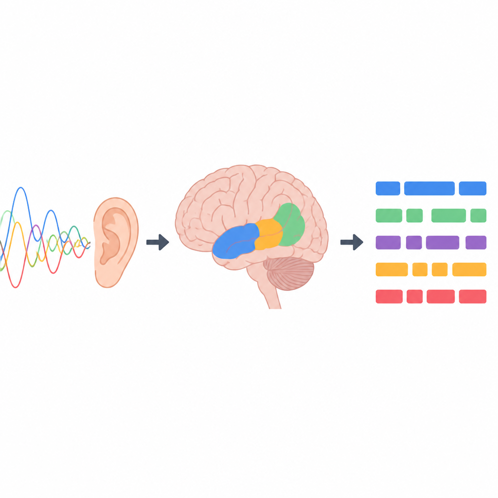 Figure 1. Come il cervello trasforma i suoni grezzi del parlato in schemi linguistici strutturati e significativi