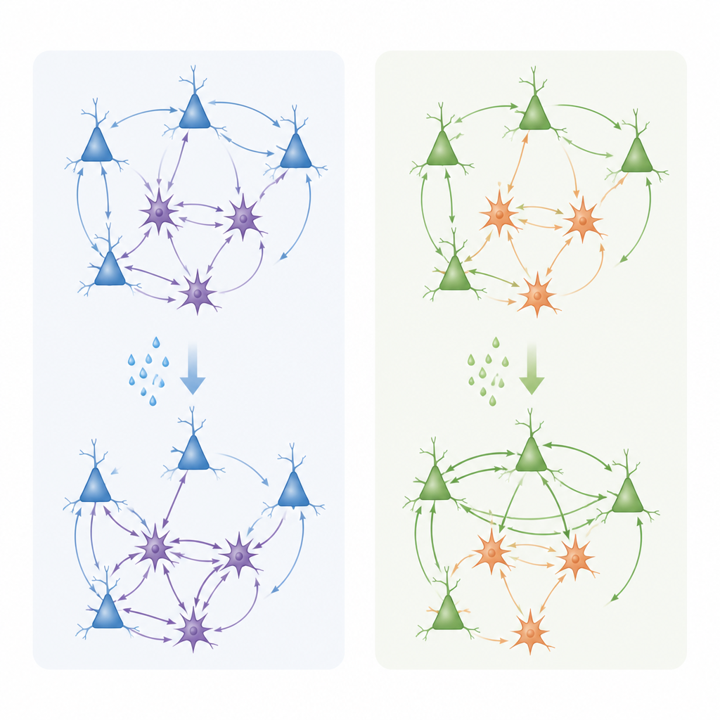Figure 2. Come l’acetilcolina sposta l’equilibrio di attività tra neuroni eccitatori e inibitori in due circuiti cerebrali