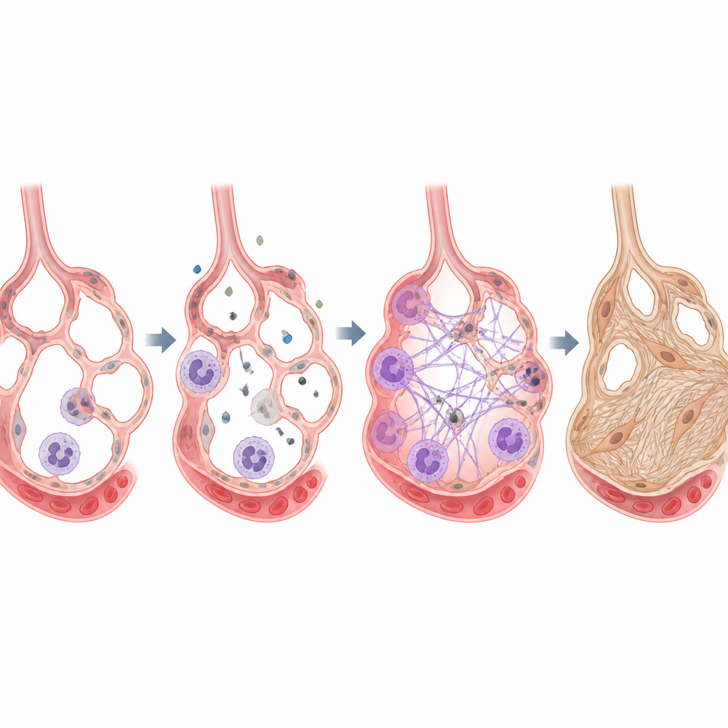 Figure 2. Come le cellule immunitarie polmonari formano trappole dannose dopo l'esposizione combinata a plastica e fumo, guidando passo dopo passo la cicatrizzazione tessutale.
