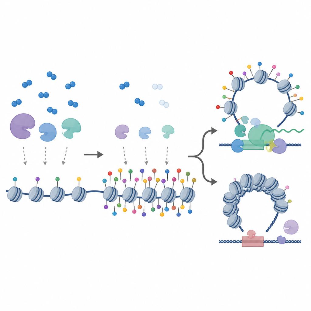 Figure 2. Как низкий кислород и HIF изменяют активность ферментов и хроматиновые метки в отдельных генах для тонкой настройки транскрипции