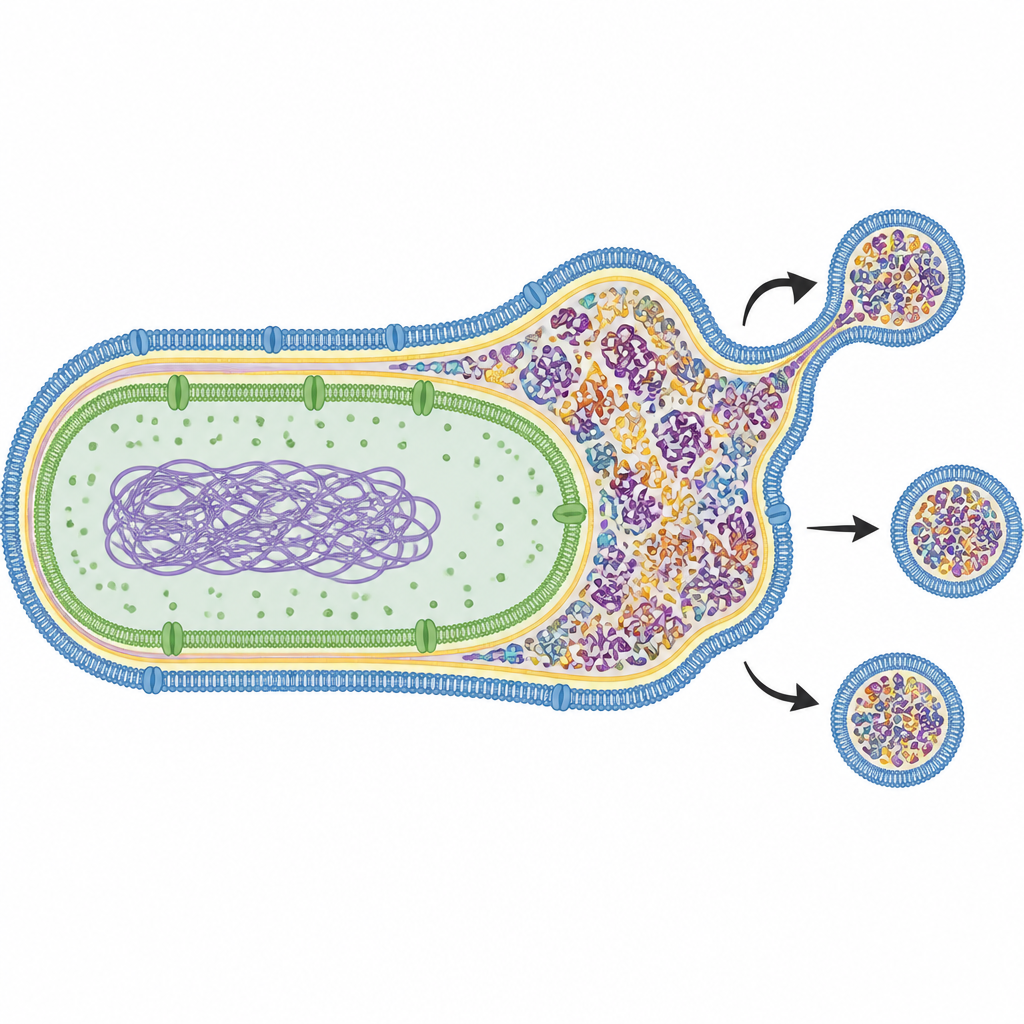 Figure 1. Een krappe ruimte tussen bacteriële cellagen laat de buitenste huid uitpuilen en kleine belletjes afsnoeren die afval afvoeren.