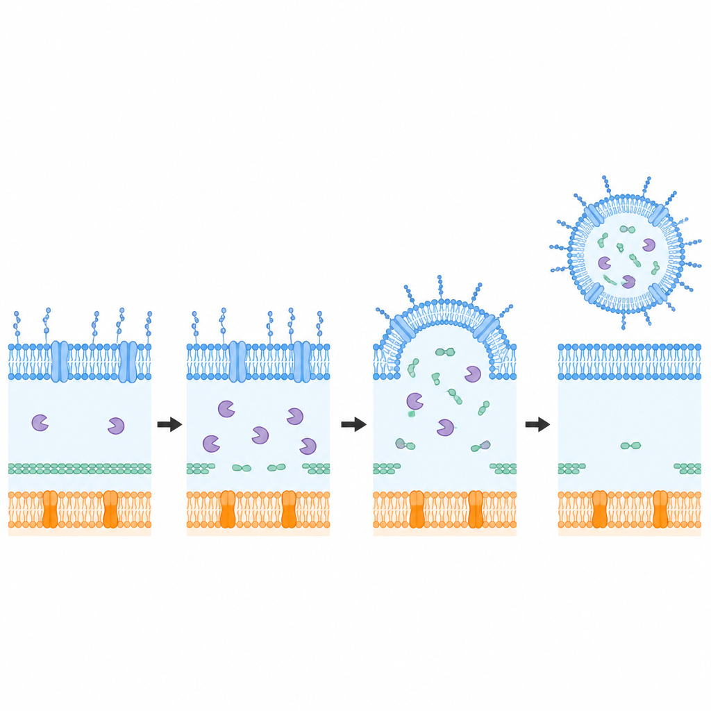 Figure 2. Enzymen knippen de bacteriële celwand, waardoor de buitenste laag naar buiten kan uitpuilen en vesikels vol brokstukken kan afsnoeren.