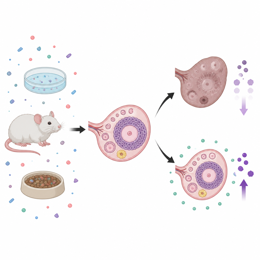 Figure 1. How swallowed microplastics travel to the ovary, harm egg-supporting cells, and how glycine helps protect them.