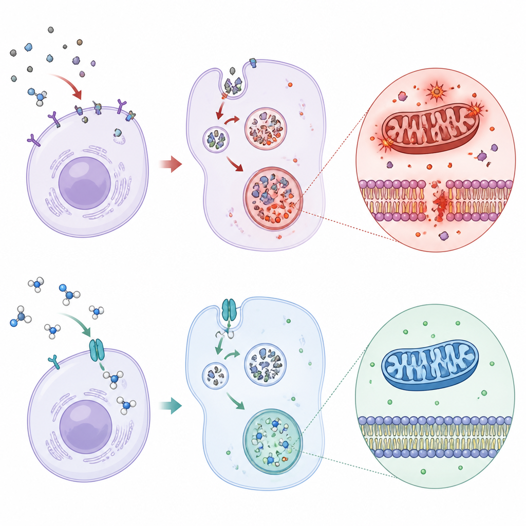 Figure 2. Inside an ovary cell, microplastics disturb iron balance and damage mitochondria while glycine calms this process and preserves the cell.