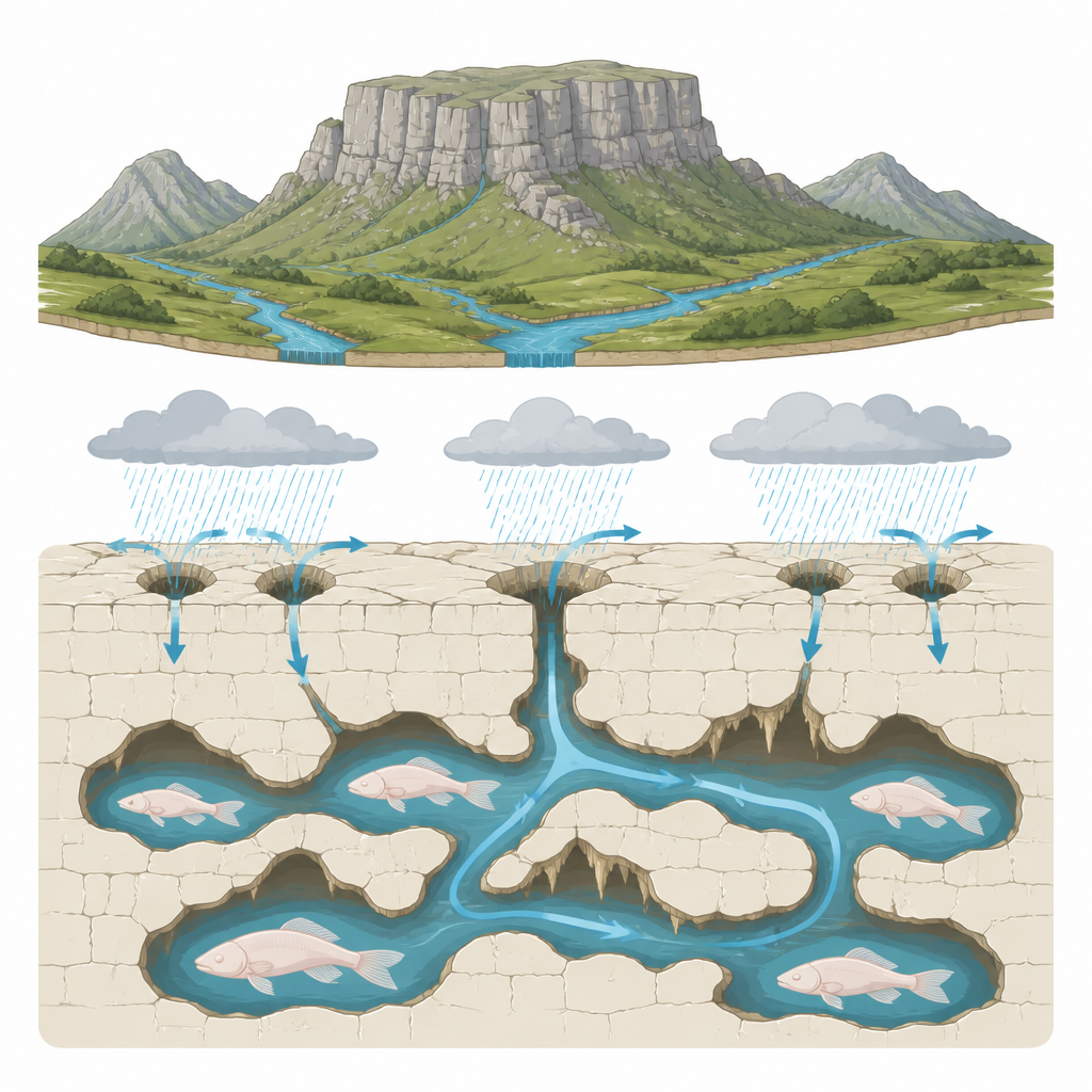 Figure 1. 上升的山脉与变动的河流如何创造出黑暗的洞穴栖所，使许多中国鱼类在其中演化。