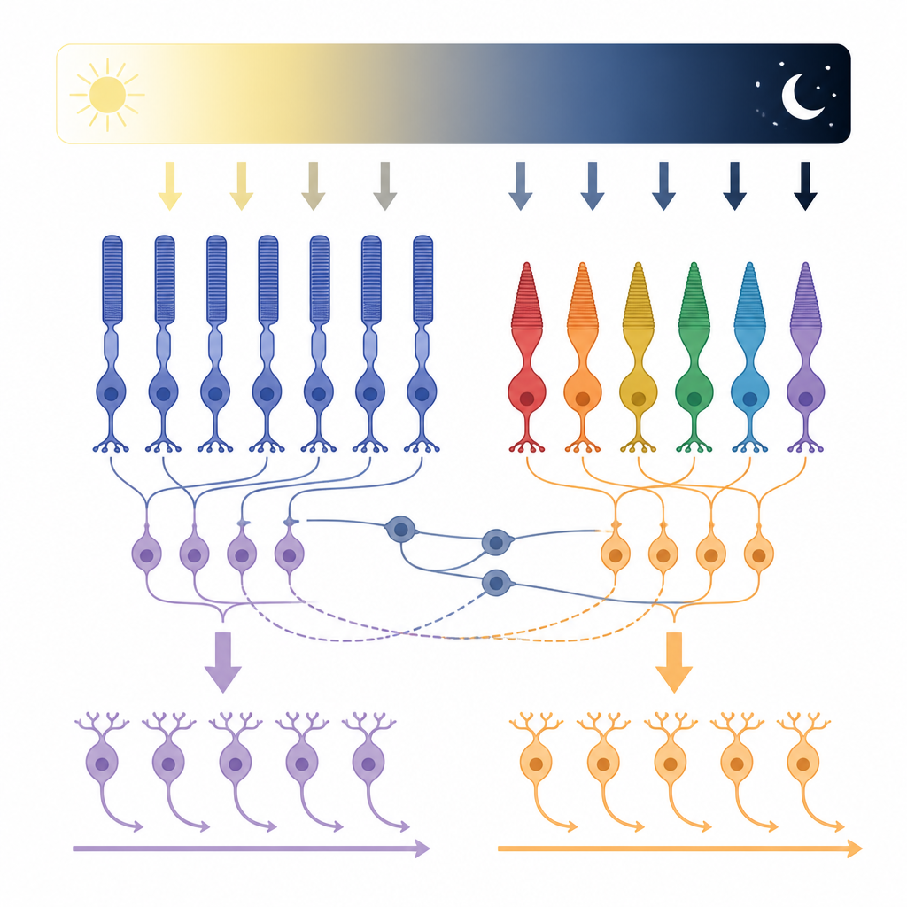 Figure 1. How rod cells steer cone pathways to balance bright and dark signals as lighting shifts from dim to daylight.