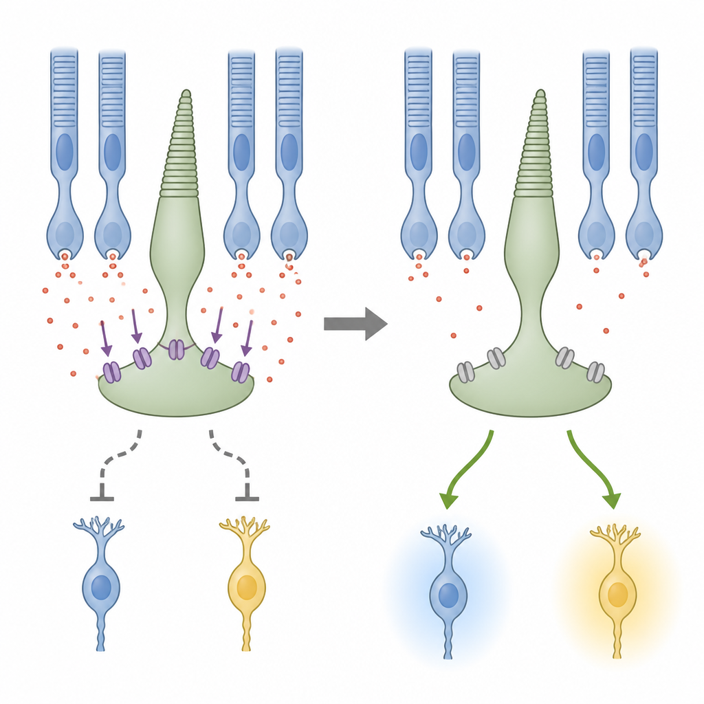 Figure 2. How rod-driven chemical changes at cone terminals flip signal direction to downstream retinal cells without labels.