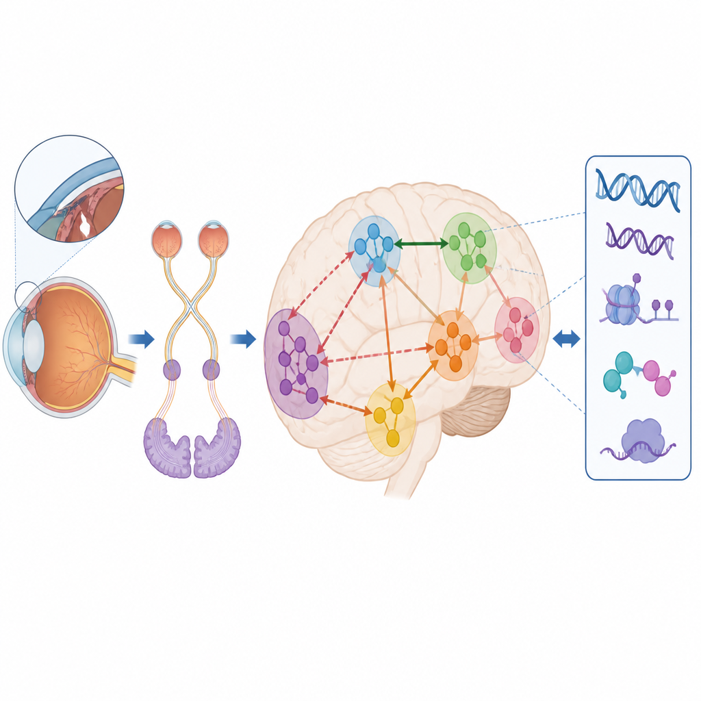 Figure 2. Come il danno da pressione oculare rimodella le reti visive cerebrali e si collega all’attività genica sottostante.