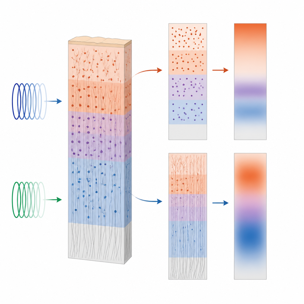 Figure 2. Signalen van waterbeweging worden opgesplitst in cellichamen en vezelstructuren om te laten zien hoe corticale lagen met de diepte variëren.