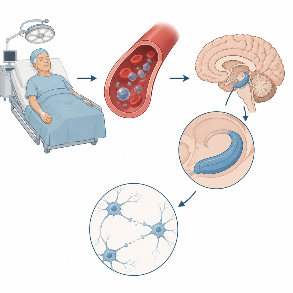 Figure 1. Come i segnali immunitari scatenati dall'intervento chirurgico raggiungono il cervello e indeboliscono i circuiti della memoria negli anziani.