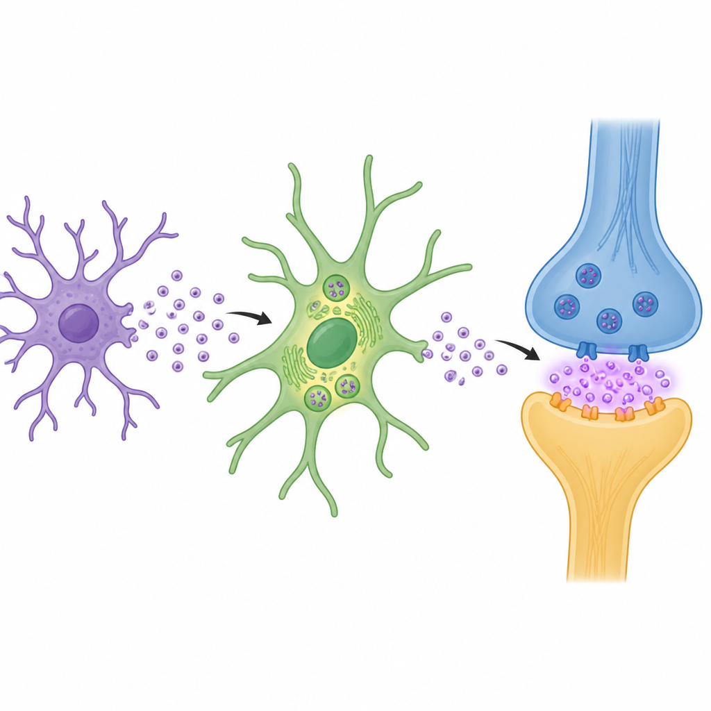 Figure 2. Come le vescicole delle cellule immunitarie alterano le cellule di supporto facendo accumulare glutammato alle sinapsi e disturbando la trasmissione cerebrale.