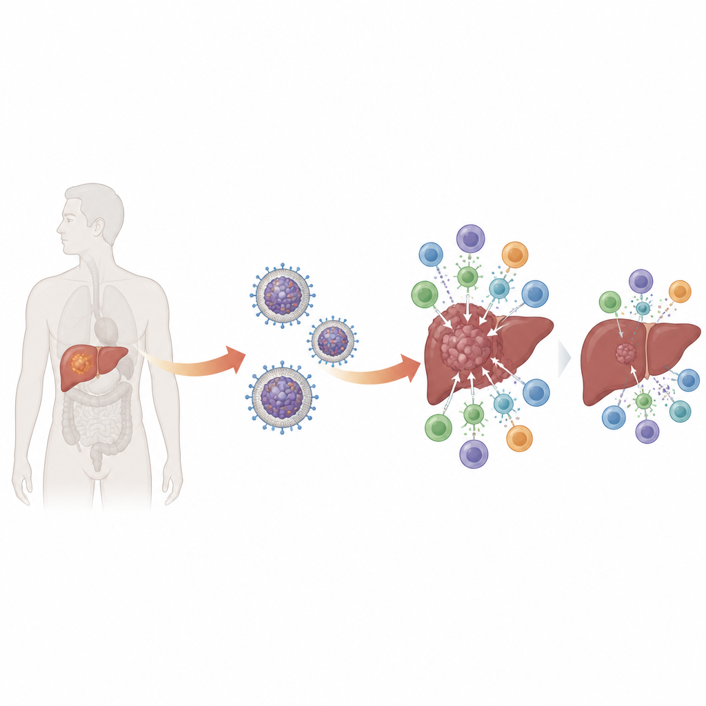 Figure 1. Un vaccino a nanoparticelle a mRNA guida il sistema immunitario a individuare e attaccare i tumori epatici con maggiore precisione.
