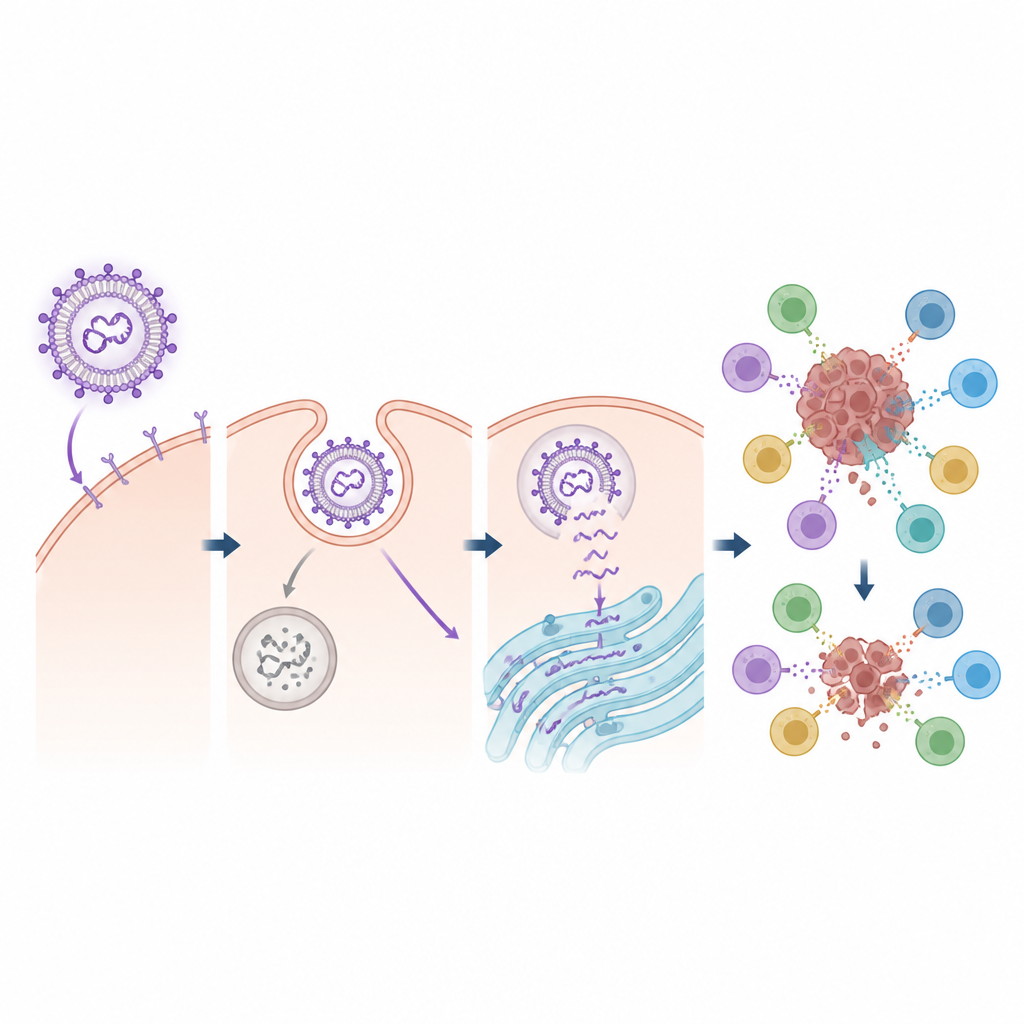 Figure 2. Una nanoparticella stratificata trasporta mRNA nelle cellule immunitarie, ne evita la degradazione e attiva i linfociti T per ridurre i tumori del fegato.