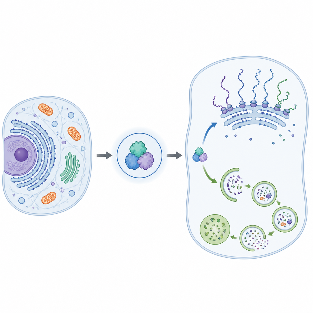 Figure 1. How a nonessential protein helper lets cells boost cleanup without shutting down protein building