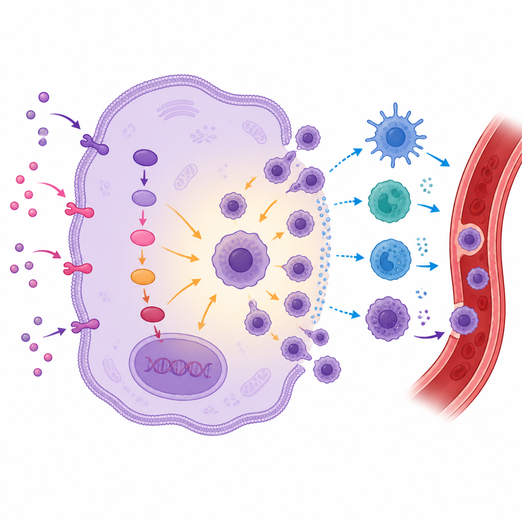 Figure 2. Inside the tumor cell: a chain reaction that boosts stem-like cells and summons harmful immune cells to aid spread.