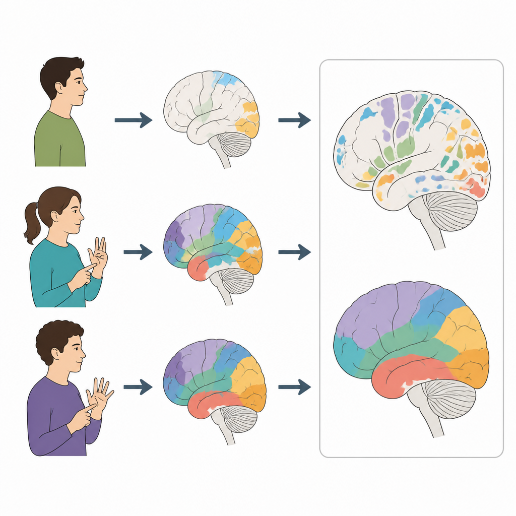 Figure 1. How missing sound and early language lead to different patterns of brain reorganization in deaf individuals.