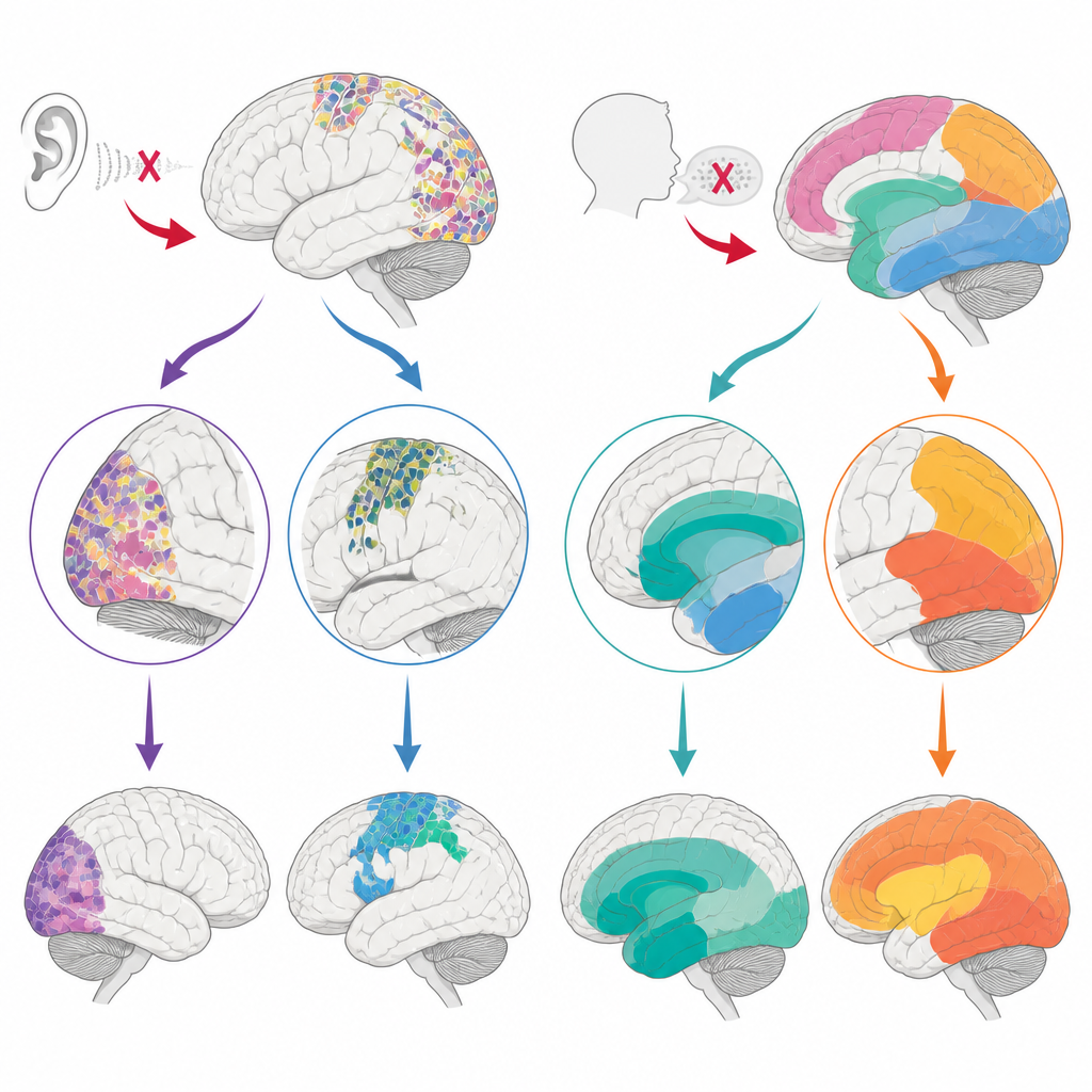 Figure 2. Pathways showing how loss of sound versus delayed language drive fine versus large-scale changes in brain networks.