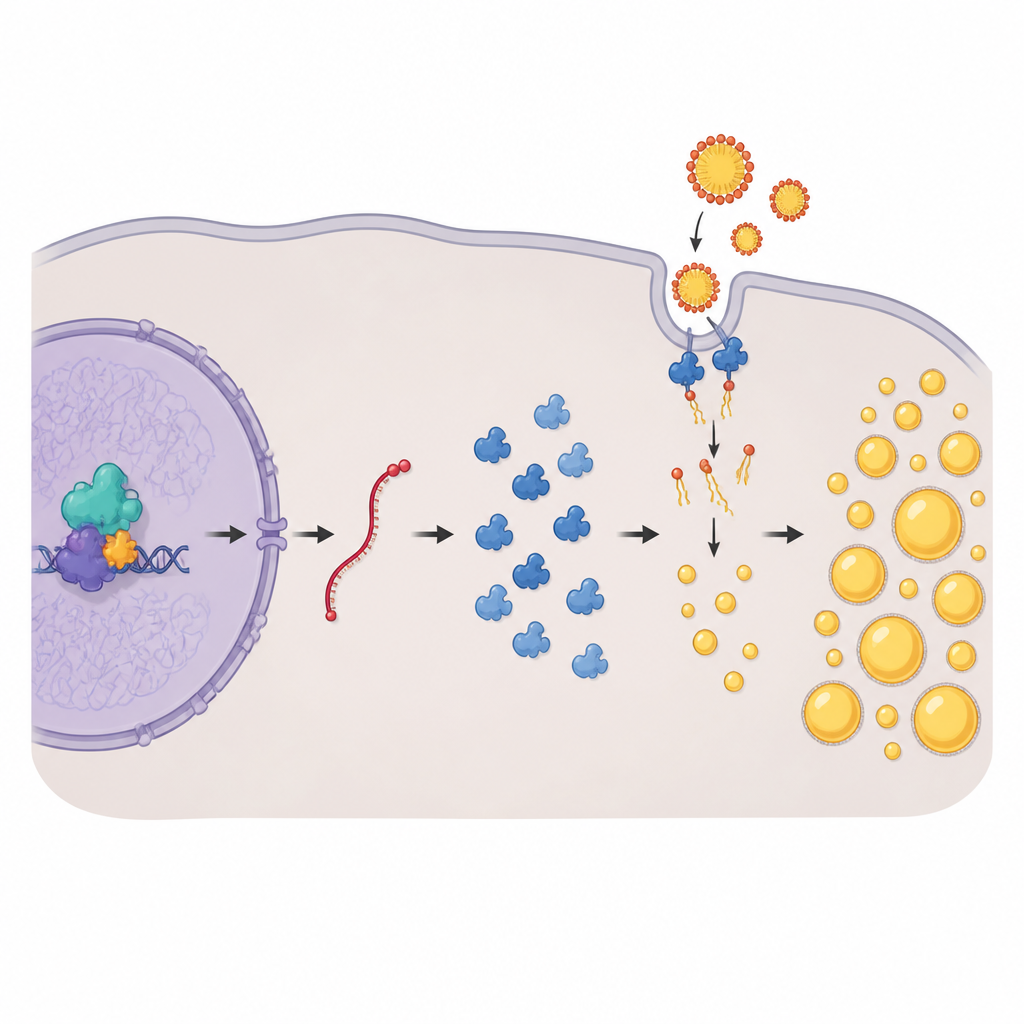 Figure 2. Inside a cancer cell, nuclear control boosts fat-processing enzymes that turn incoming fats into many internal lipid droplets