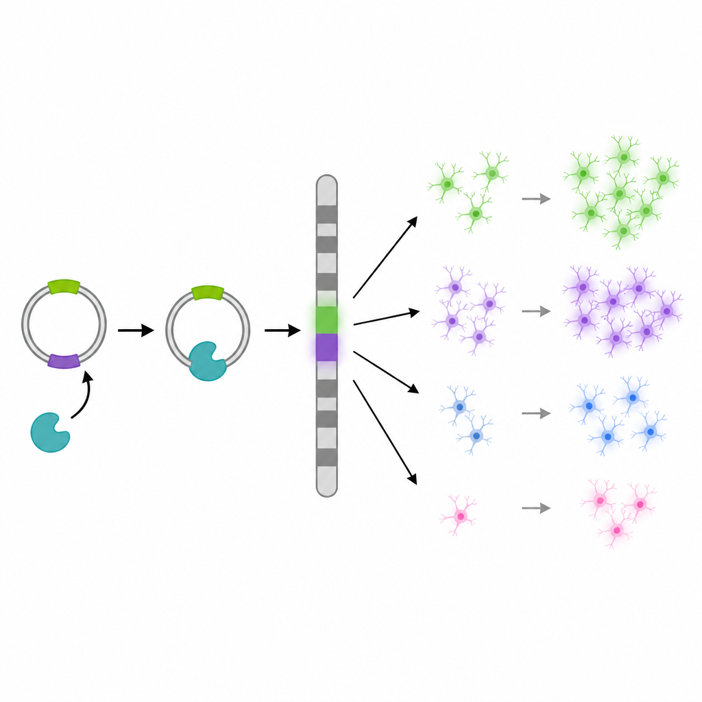 Figure 2. ДНК‑переключатель интегрируется в хромосомы и обеспечивает стабильные, настраиваемые многоцветные сигналы в развивающихся клетках мозга.
