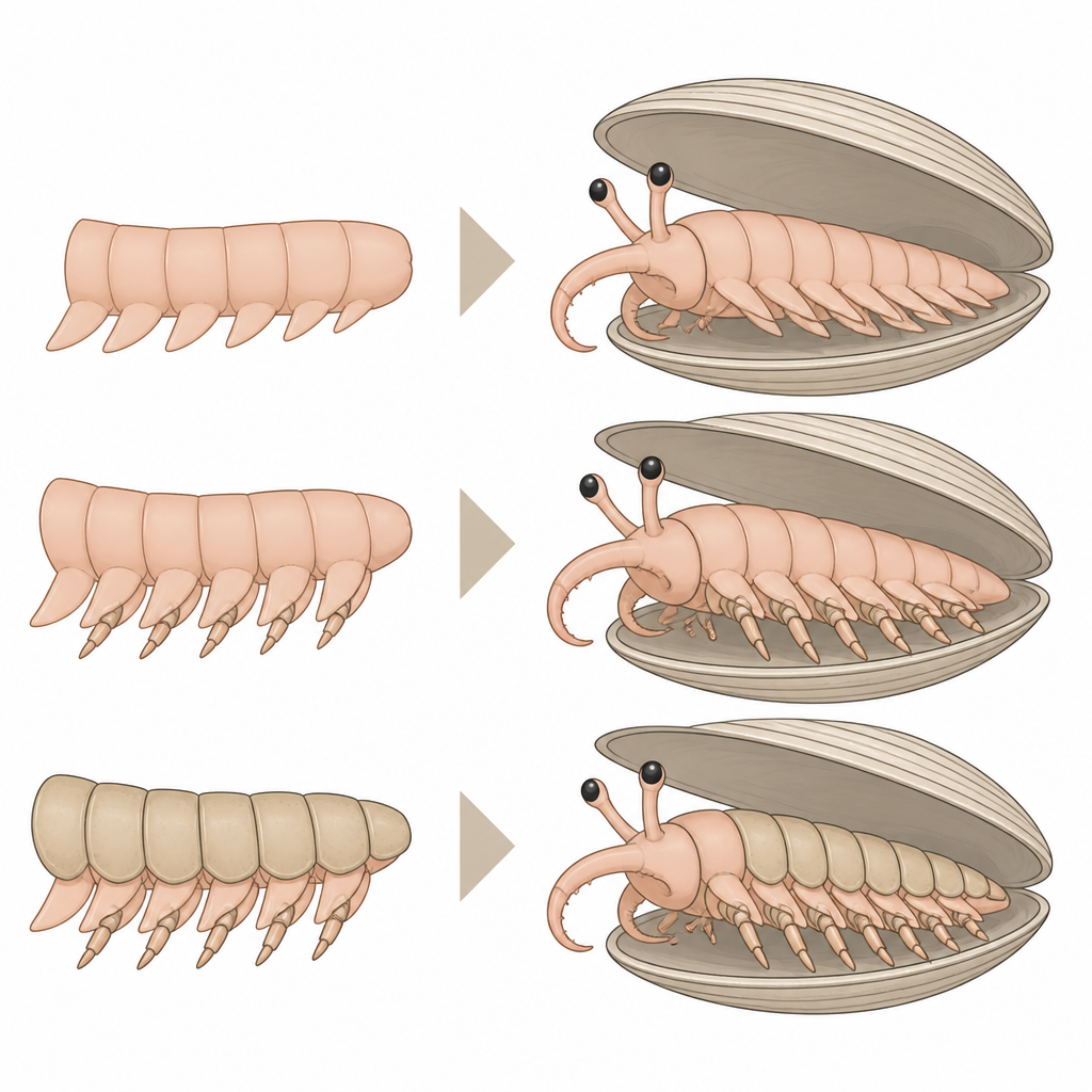 Figure 2. Sekwencja: miękki tułów, potem odnóża ze stawami, następnie zahartowane segmenty — obrazująca, jak ciała stawonogów powstawały etapami.