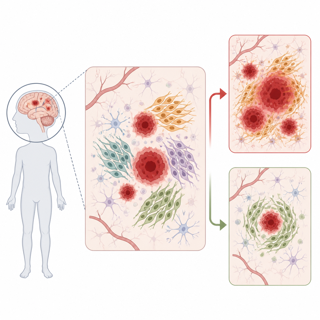 Figure 1. Diversi tipi di cellule di supporto nei tumori cerebrali possono o favorire la crescita del cancro o contribuire a contenerla.