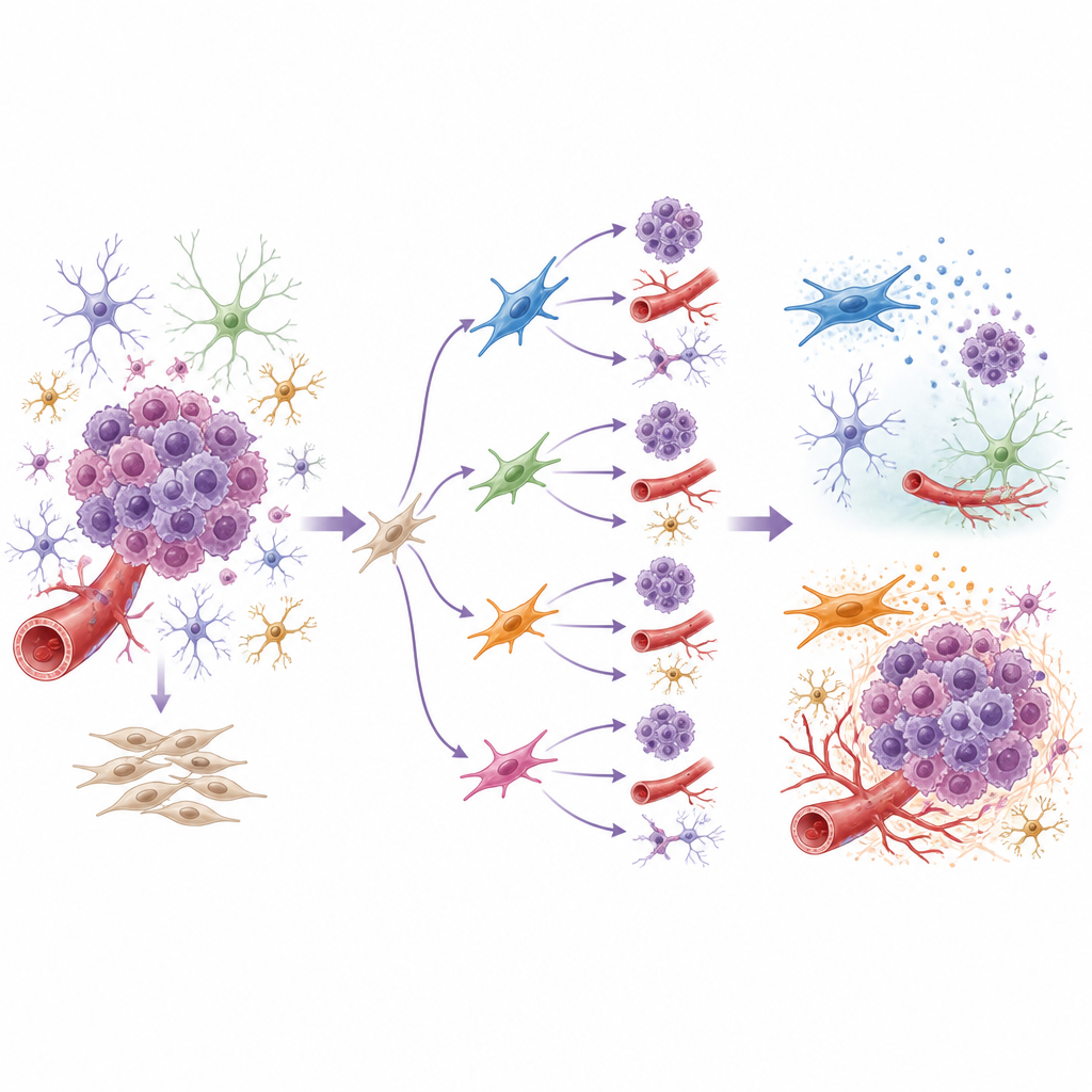 Figure 2. Un particolare sottotipo di cellule di supporto rilascia fattori che rallentano la crescita delle cellule tumorali cerebrali, mentre altri possono alimentarla.