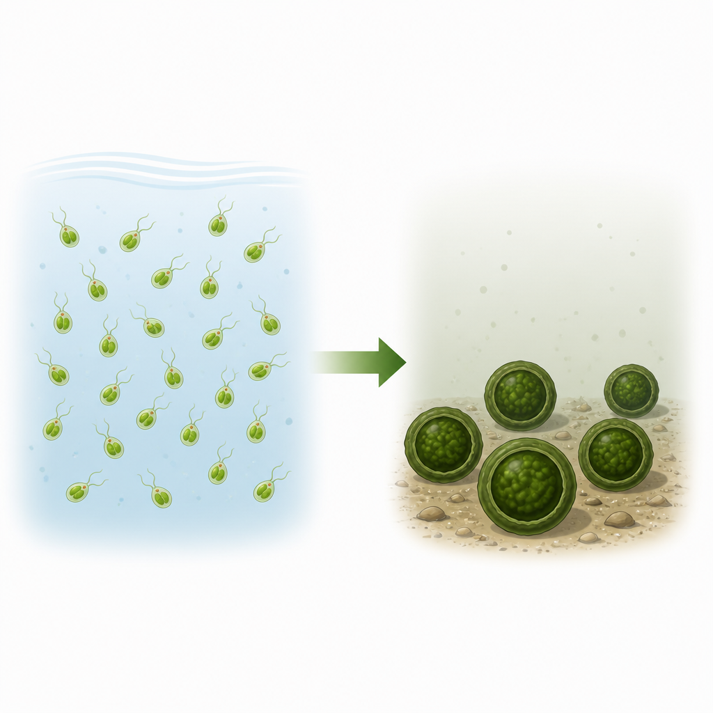 Figure 1. Una alga unicelular pasa de un crecimiento de natación rápida a células de reposo resistentes cuando su entorno se hace denso y adverso.