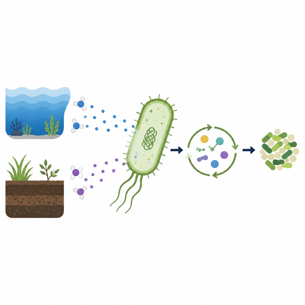 Figure 1. Cómo las bacterias convierten gases traza de metilamina procedentes del océano y del suelo en biomasa mediante una vía de crecimiento sencilla.
