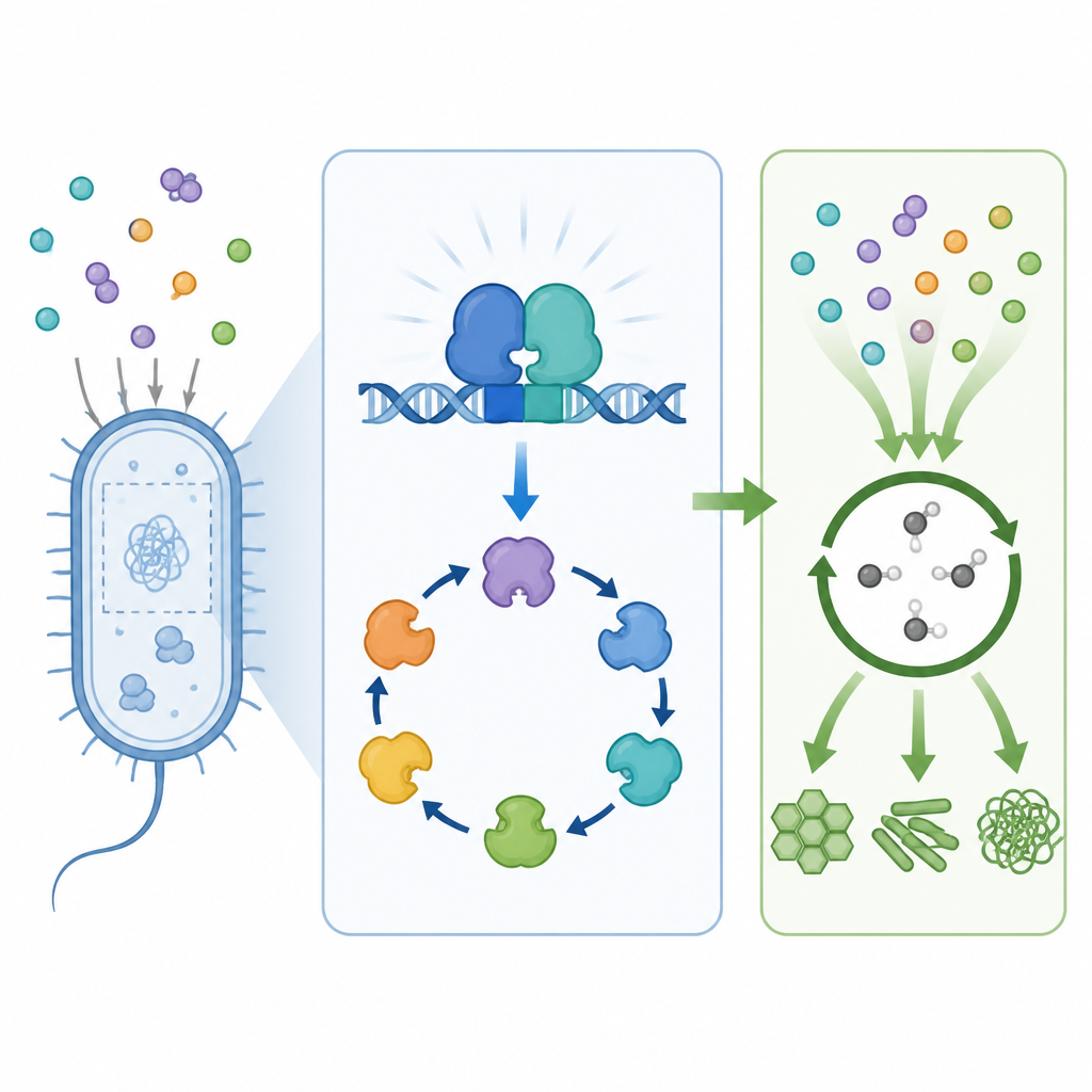 Figure 2. Cómo un interruptor proteico gemelo se une al ADN para activar las enzimas bacterianas que transforman unidades de carbono único en material celular.