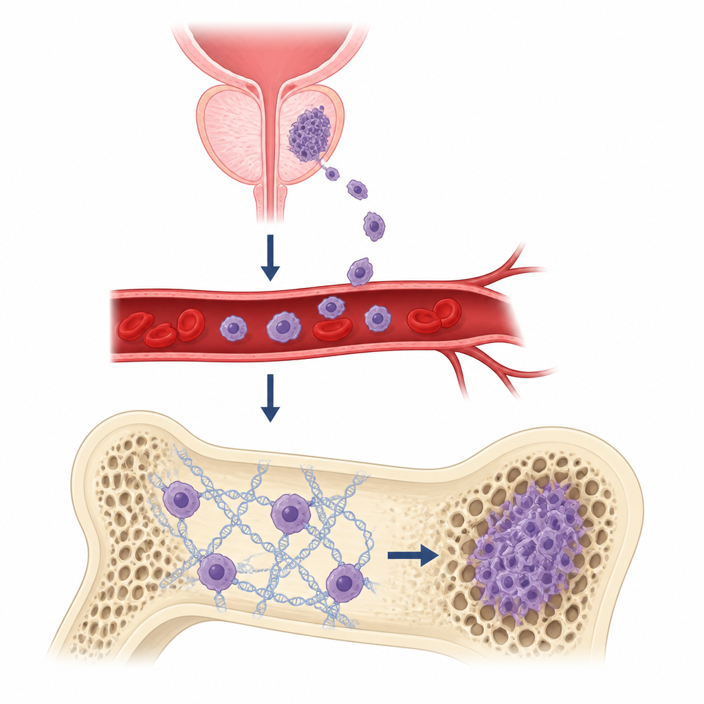 Figure 1. Il DNA a singolo filamento nel midollo osseo agisce come una rete che facilita l’insediamento e la crescita delle cellule del cancro alla prostata nell’osso.