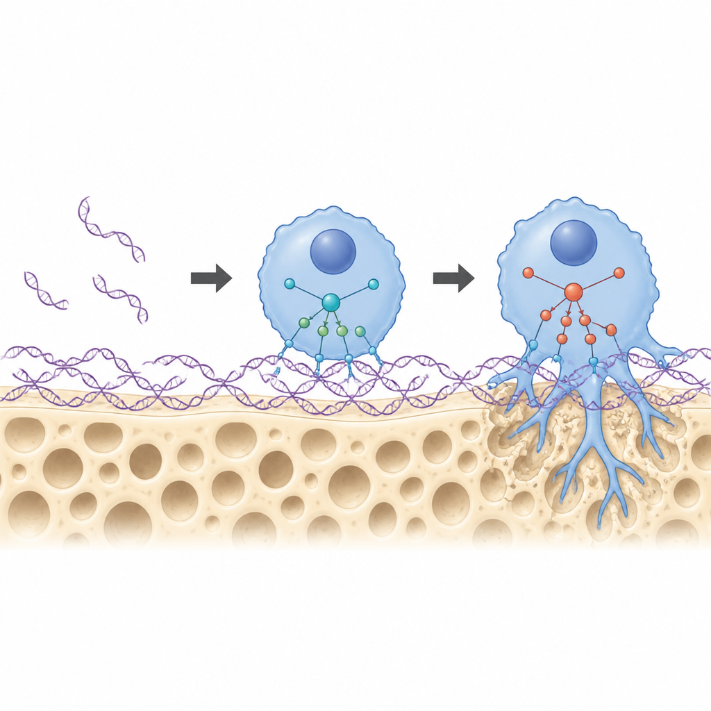 Figure 2. Quando il DNA a singolo filamento si lega alle cellule del cancro alla prostata, attiva segnali intracellulari che promuovono l’invasione ossea e la crescita tumorale.