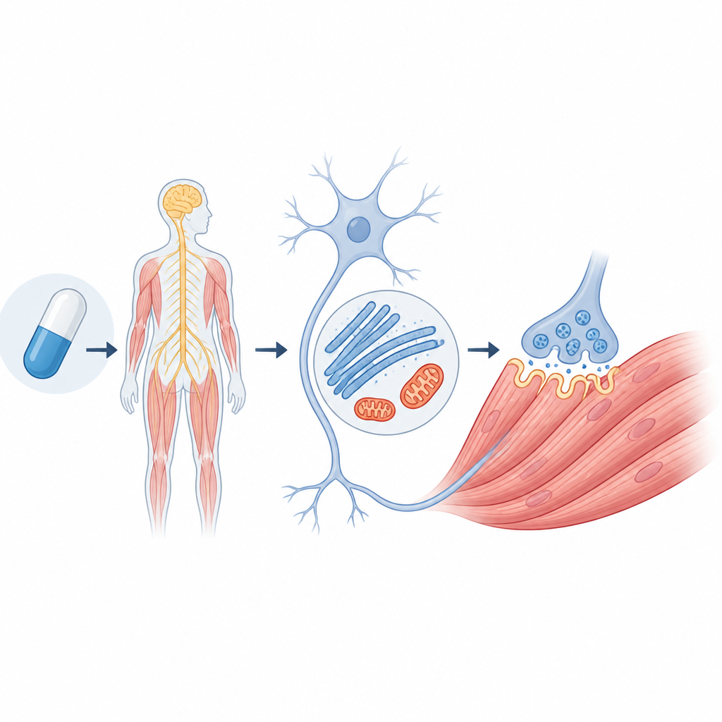 Figure 1. How a common heart drug might help protect nerves and muscles in ALS by rebalancing cell energy and cleanup.