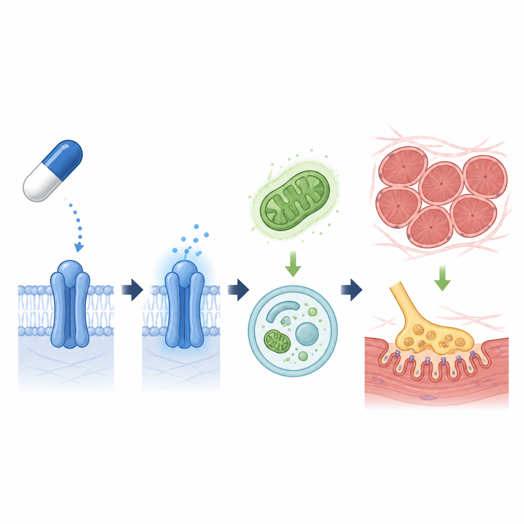 Figure 2. Step-by-step view of how a pill activates a cell protein, calms stress pathways, and leads to healthier muscles in ALS.