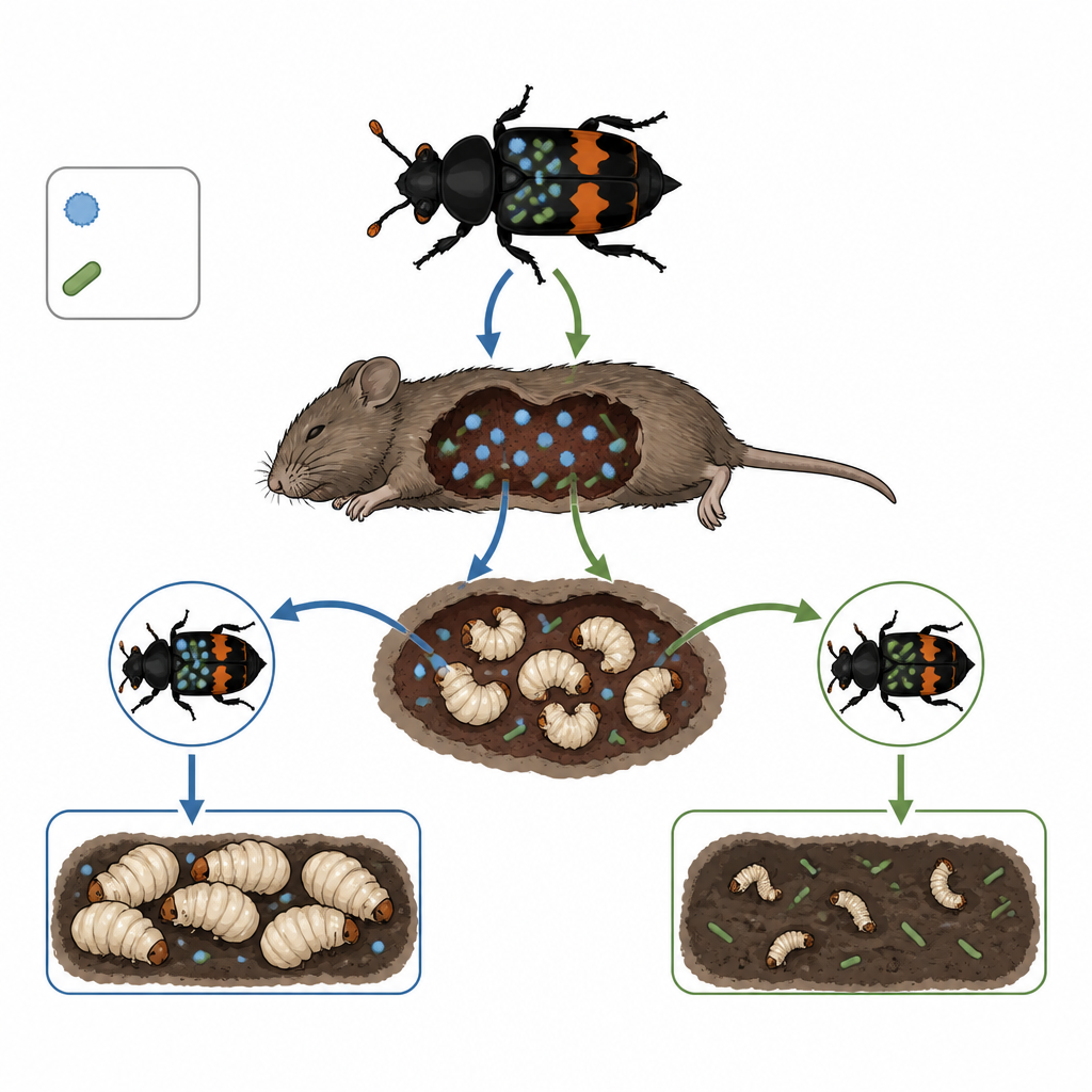 Figure 1. Böcekler üzerindeki küçük yolcuların, kimlerin bulunduğuna bağlı olarak zararlıdan faydalıya nasıl geçebileceği.