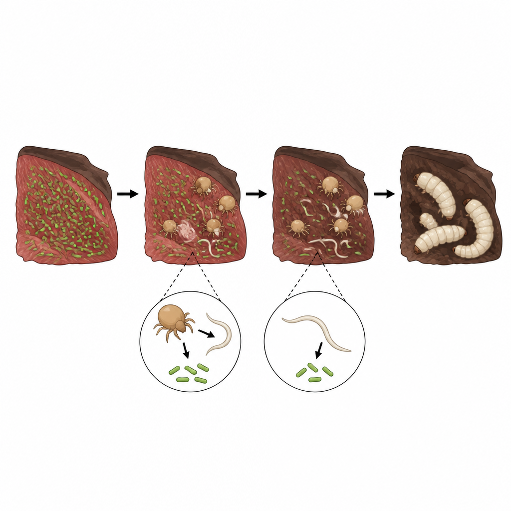 Figure 2. Leş üzerinde nematodları yiyen ve mikrobiyayı otlayan akarların, yüksek nematod yüklerinde böcek yavrularının hayatta kalmasını nasıl iyileştirdiği.