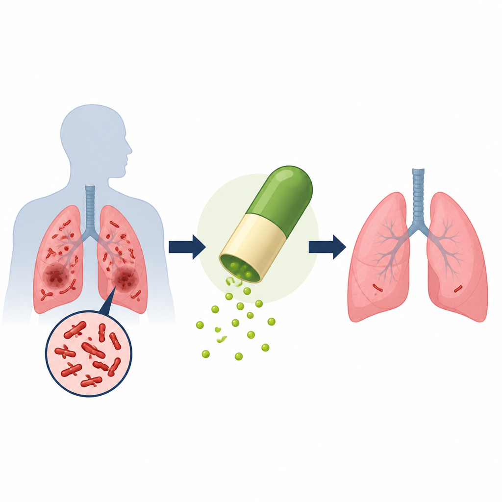 Figure 1. How a natural compound can weaken TB bacteria and help the lungs recover
