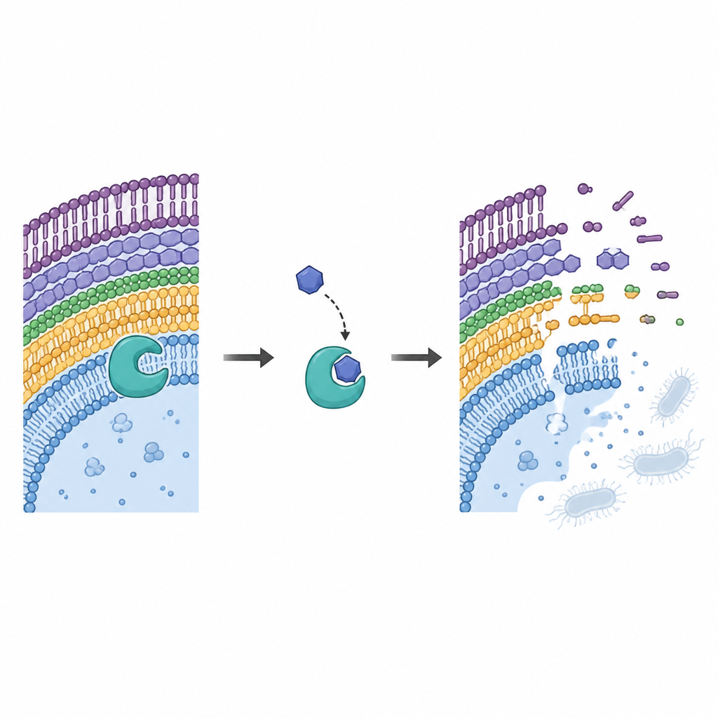 Figure 2. How a small molecule locks onto a TB enzyme and breaks down the bacterium’s protective wall