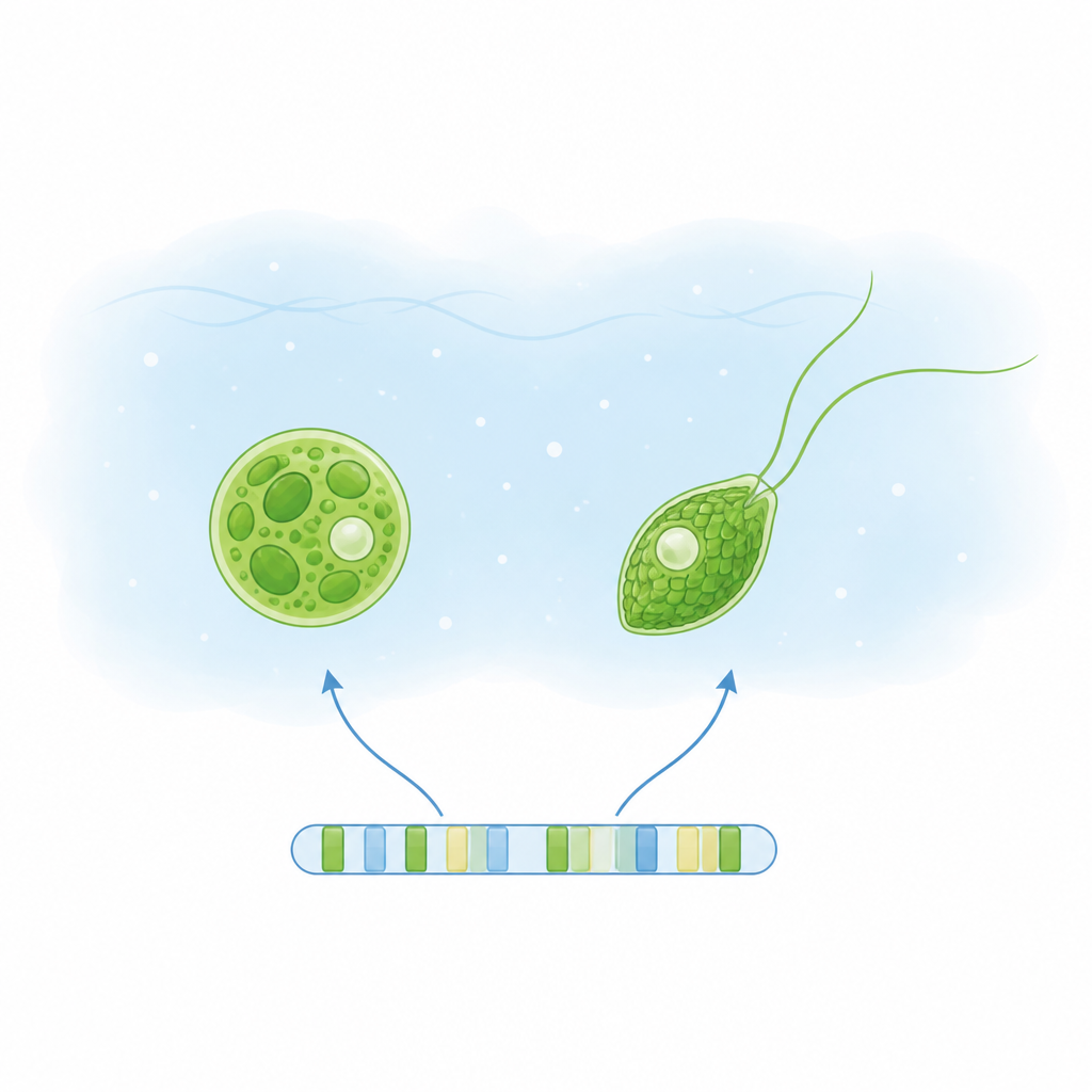 Figure 1. Una piccola alga verde può passare da una forma liscia non nuotante a una forma squamosa nuotante usando lo stesso genoma condiviso.