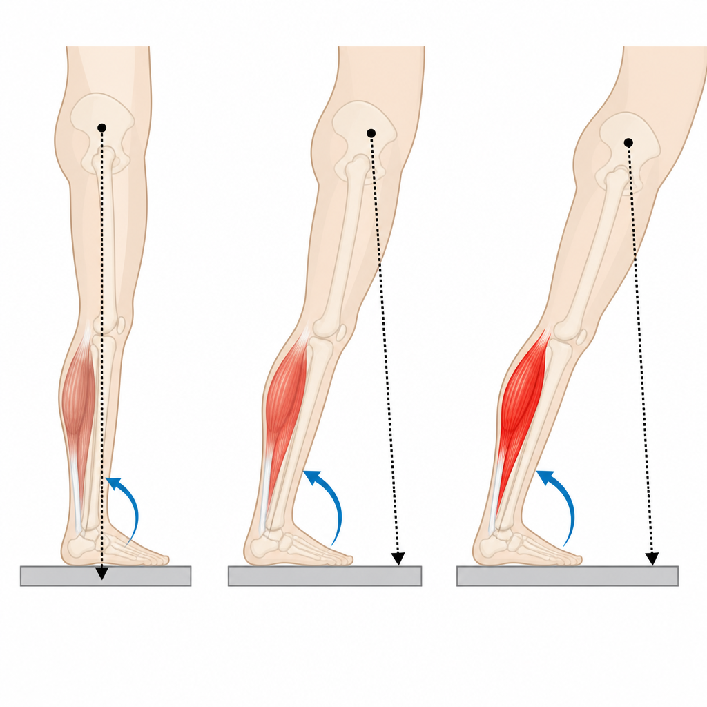 Figure 2. Hur vadmuskler och gravitation samarbetar vid fotleden för att förflytta vikten framåt samtidigt som fall undviks under förberedelsen.