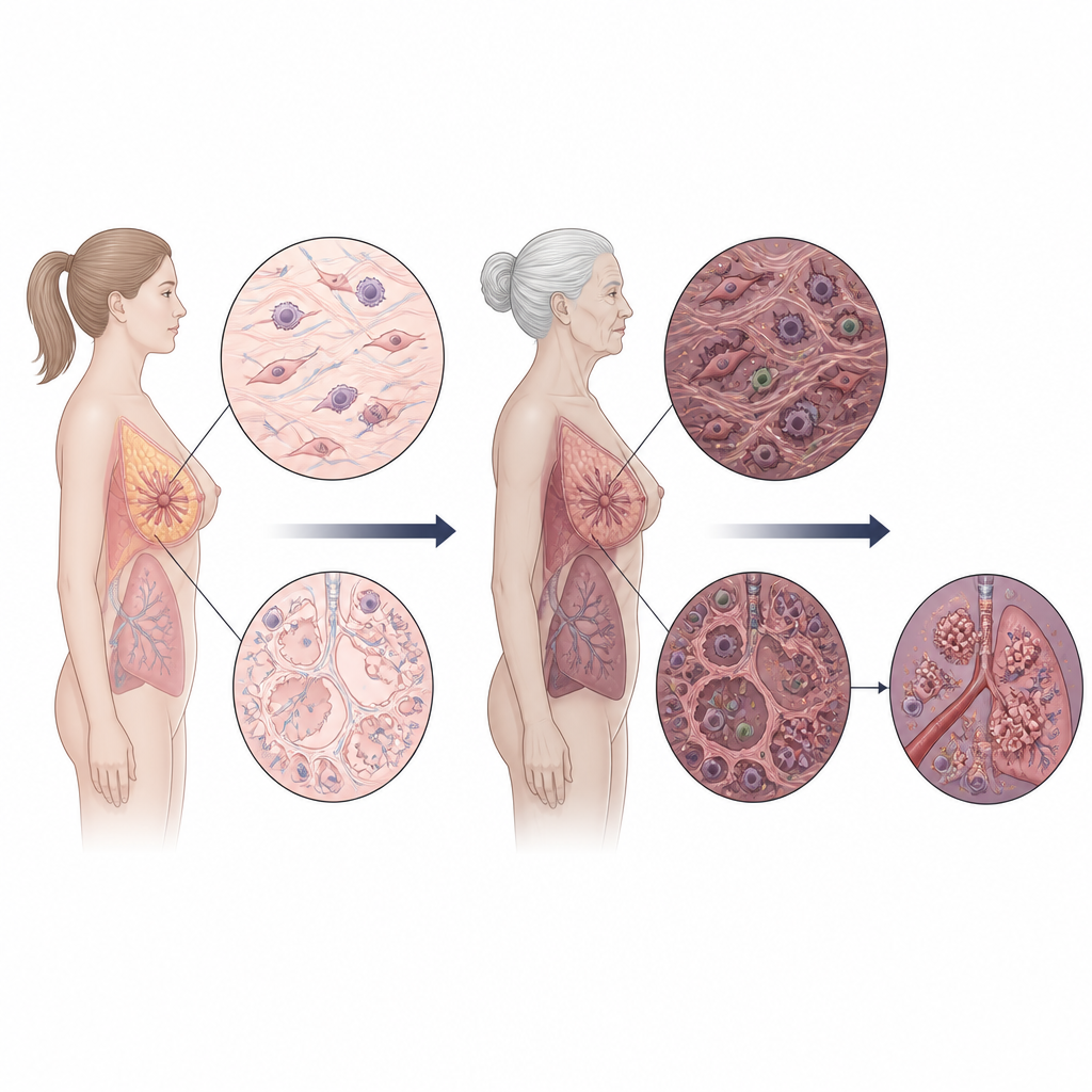 Figure 1. How an aging body creates a friendlier landscape for breast tumors to spread to distant organs