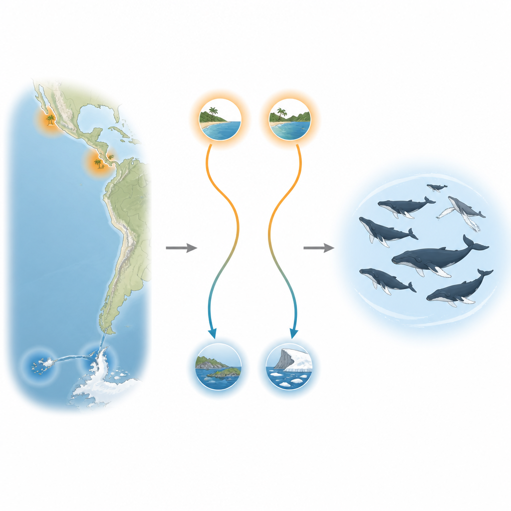Figure 1. 異なる採餌域を利用しながらも南東太平洋東部のザトウクジラが一つの個体群を共有する仕組み。