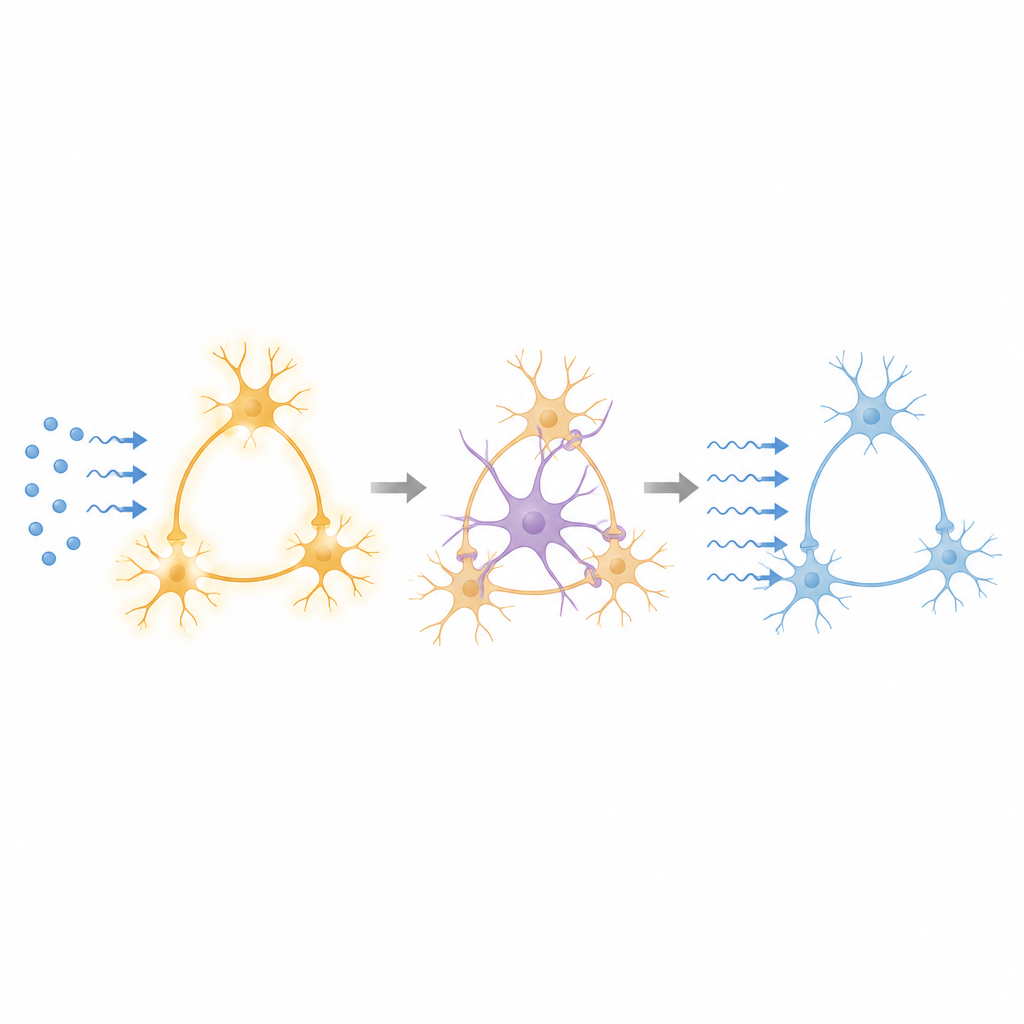 Figure 1. Gli astrociti che coordinano più sinapsi aiutano i circuiti cerebrali a seguire i segnali in ingresso senza degenerare in attività incontrollata.