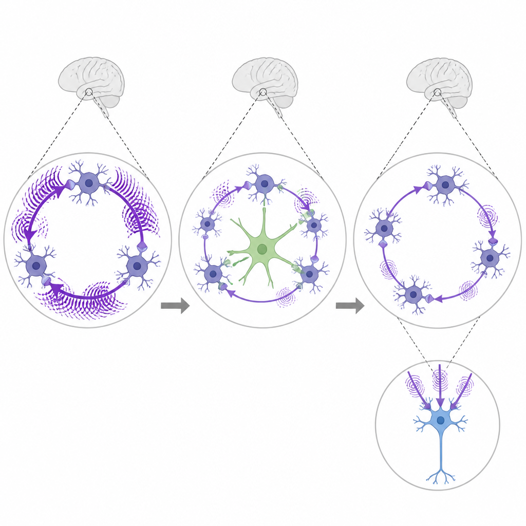 Figure 2. Un singolo astrocita che rileva più sinapsi in un anello attenua scariche eccessive così che i segnali raggiungano il neurone di uscita in modo affidabile.